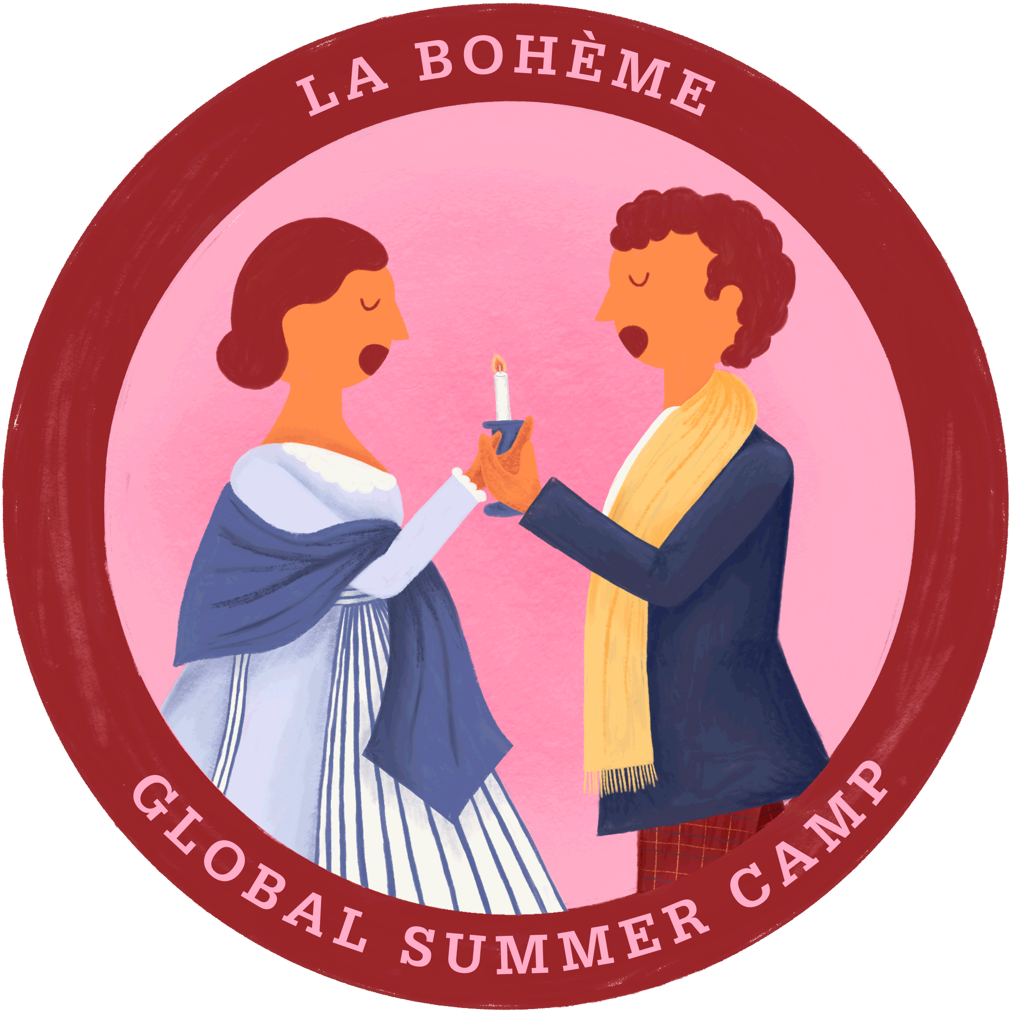 A circular badge with an illustration of a man and woman holding a candle together with the words "La Boheme" and "Global Summer Camp" on the border