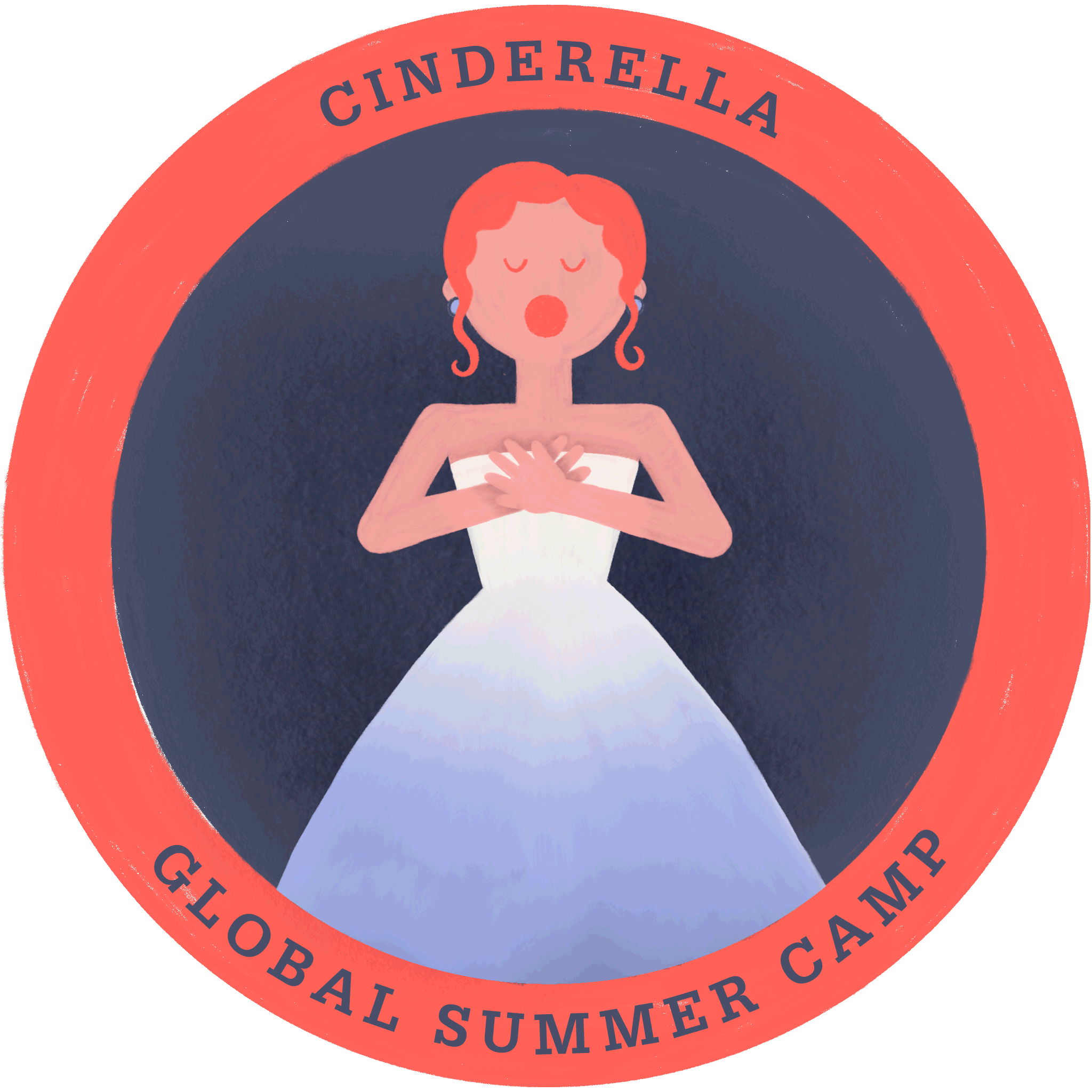 A circular badge with an illustration of Cinderella, a woman in a white dress, with the words "Cinderella" and "Global Summer Camp" around it
