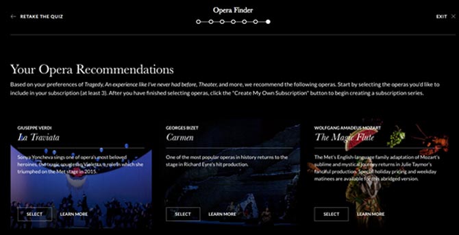 User interface of the Opera Finder, that assists a guest in creating opera recommendations.